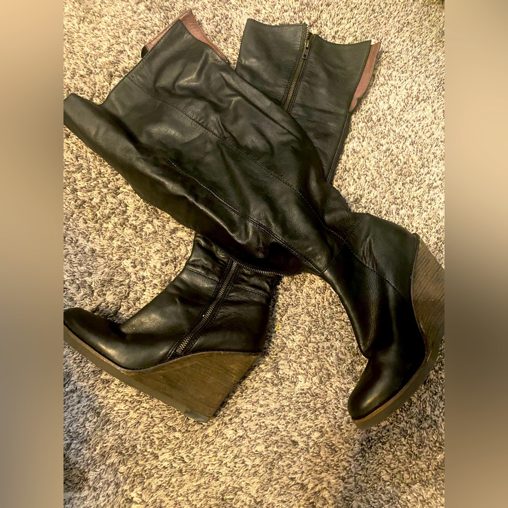 Brand new lucky brand 100% leather thigh high wedge boots (zip up)